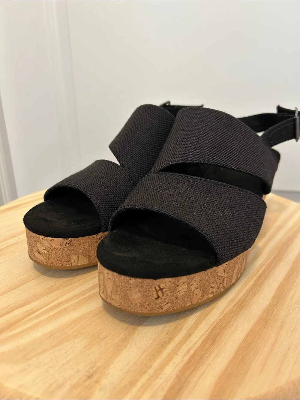 Toms Black Fabric Cork Platform Sandals